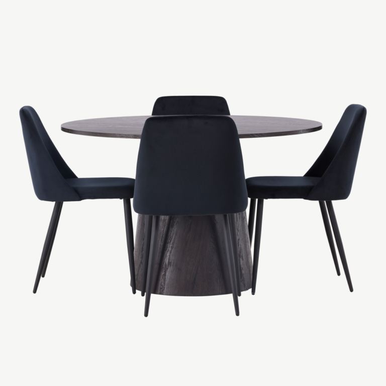 Ümmargune söögilaud Lanzo (MDF, moka) ja mustad sametkattega toolid Night - GR23474