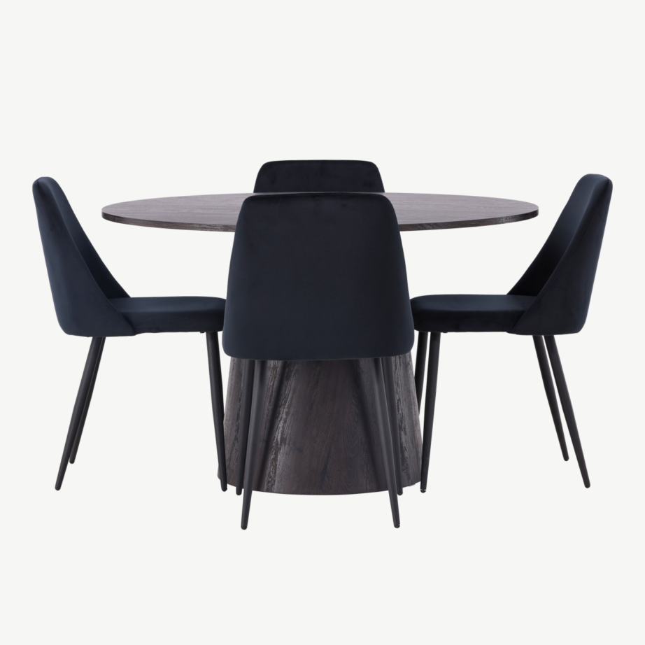 Ümmargune söögilaud Lanzo (MDF, moka) ja mustad sametkattega toolid Night, GR23474 – 5