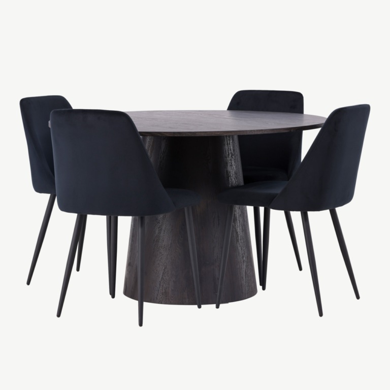 Ümmargune söögilaud Lanzo (MDF, moka) ja mustad sametkattega toolid Night - GR23474