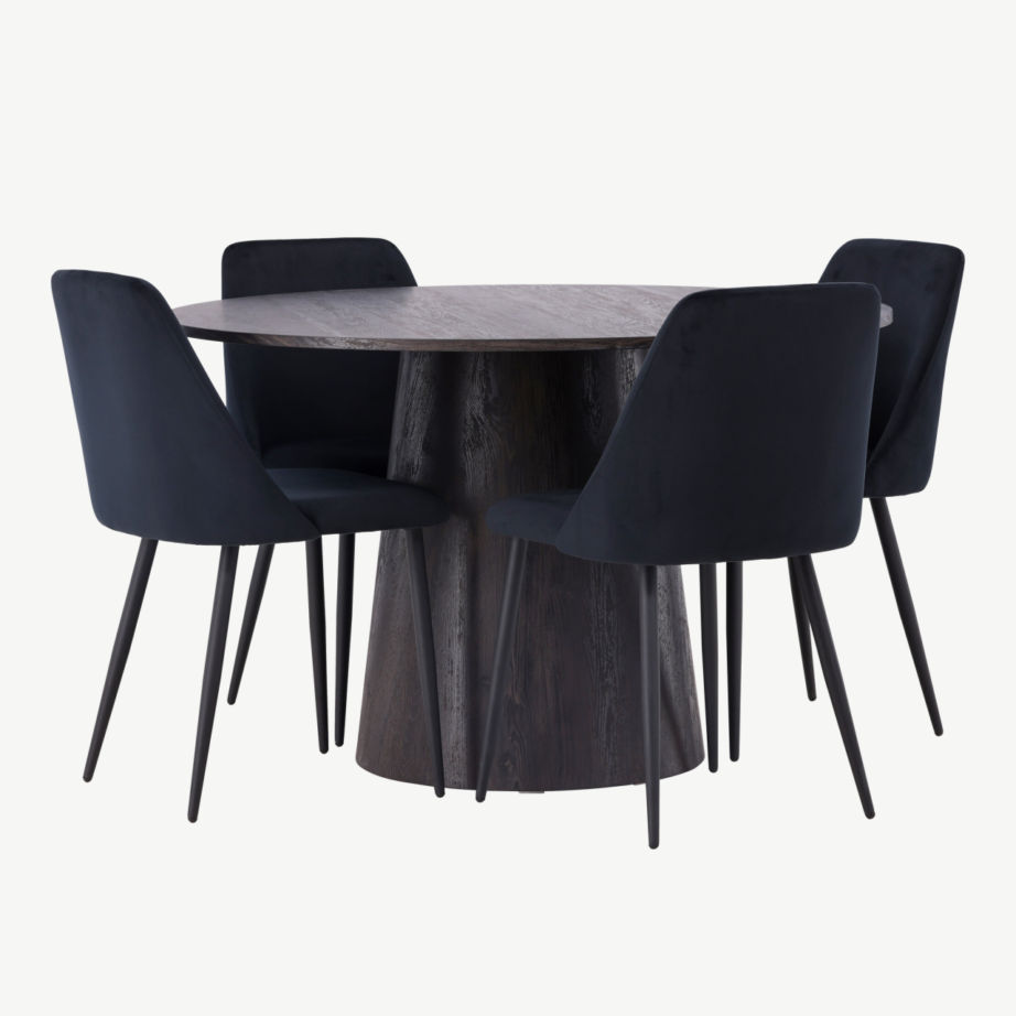 Ümmargune söögilaud Lanzo (MDF, moka) ja mustad sametkattega toolid Night, GR23474 – 6