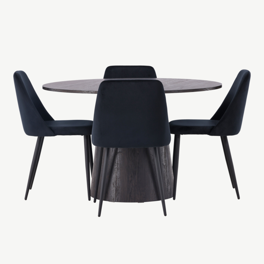 Ümmargune söögilaud Lanzo (MDF, moka) ja mustad sametkattega toolid Night, GR23474 – 7