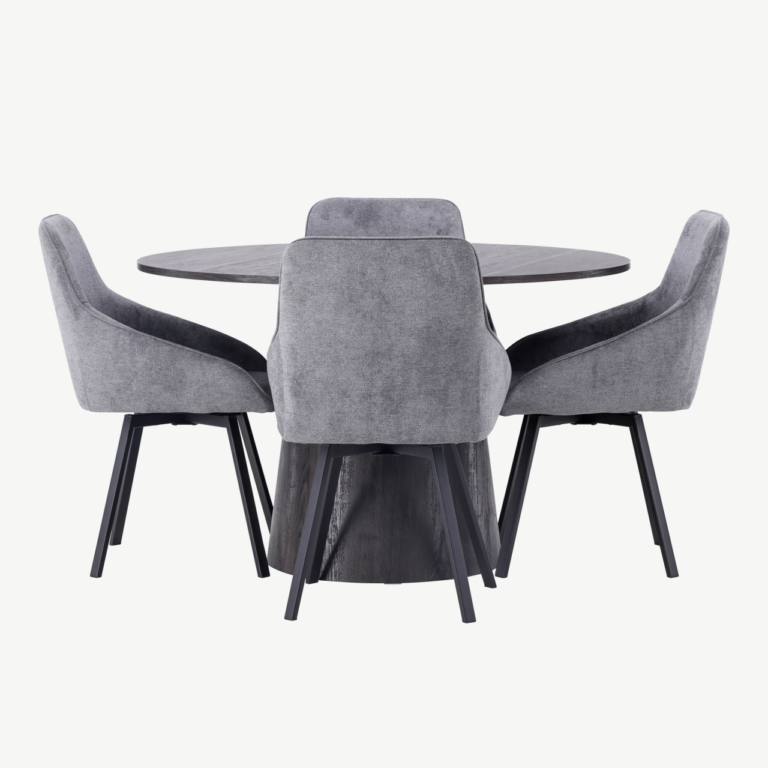 Ümmargune söögilaud Lanzo (MDF, mokka, ø120cm) koos halli kangaga Rosie toolidega - GR23476