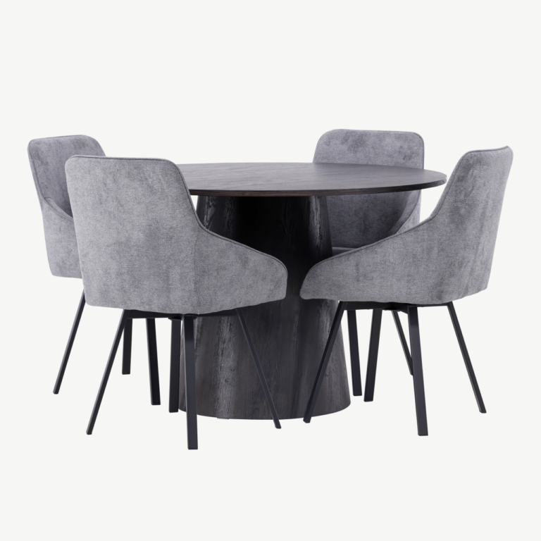 Ümmargune söögilaud Lanzo (MDF, mokka, ø120cm) koos halli kangaga Rosie toolidega - GR23476