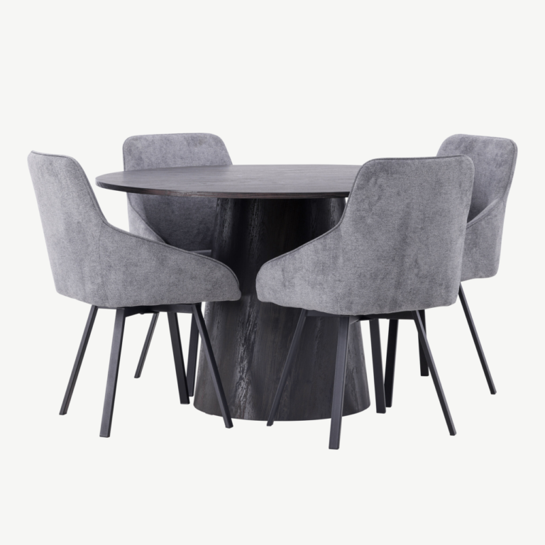 Ümmargune söögilaud Lanzo (MDF, mokka, ø120cm) koos halli kangaga Rosie toolidega - GR23476