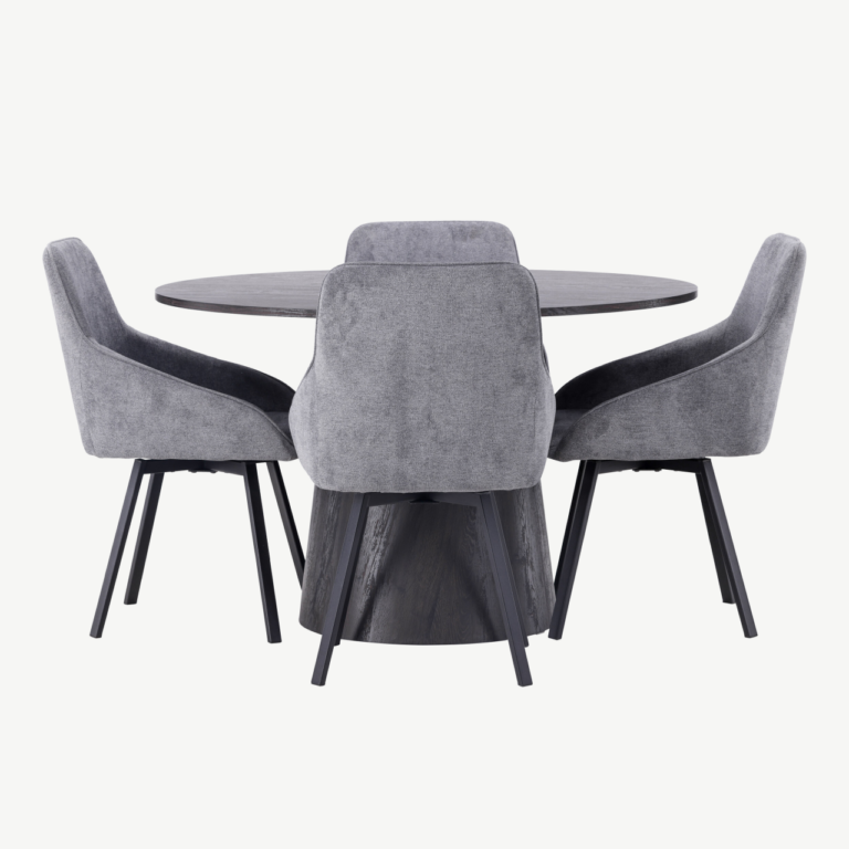 Ümmargune söögilaud Lanzo (MDF, mokka, ø120cm) koos halli kangaga Rosie toolidega - GR23476