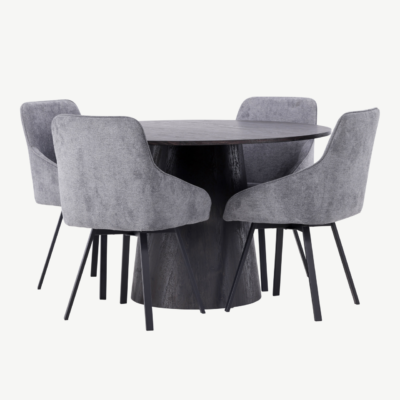 Ümmargune söögilaud Lanzo (MDF, mokka, ø120cm) koos halli kangaga Rosie toolidega - GR23476