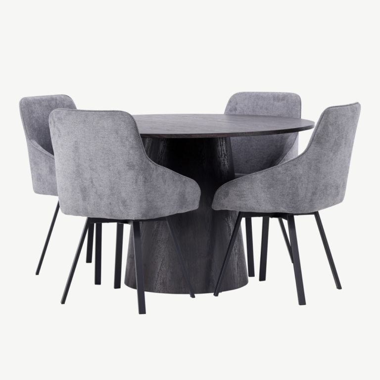 Ümmargune söögilaud Lanzo (MDF, mokka, ø120cm) koos halli kangaga Rosie toolidega - GR23476