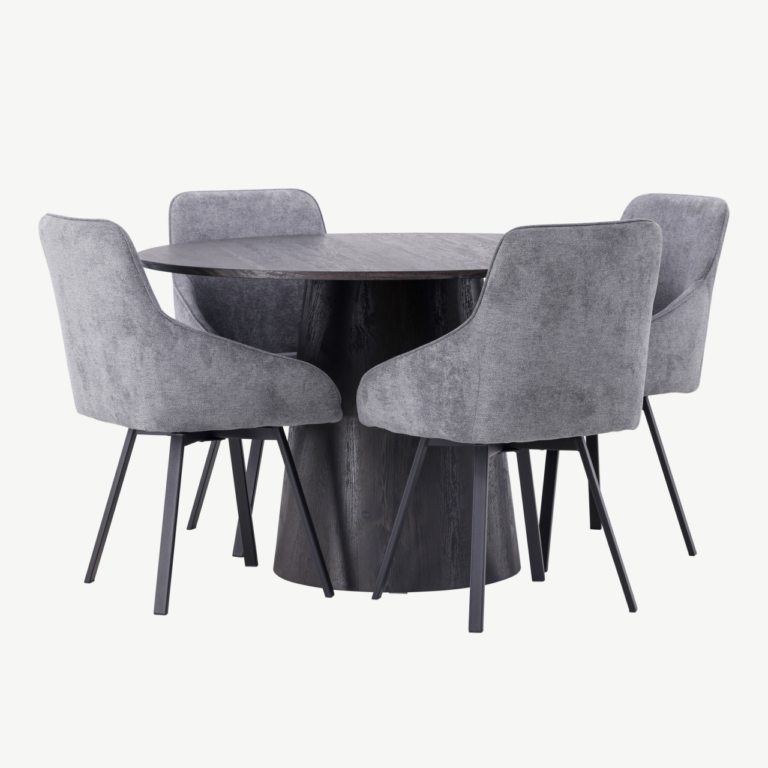 Ümmargune söögilaud Lanzo (MDF, mokka, ø120cm) koos halli kangaga Rosie toolidega - GR23476