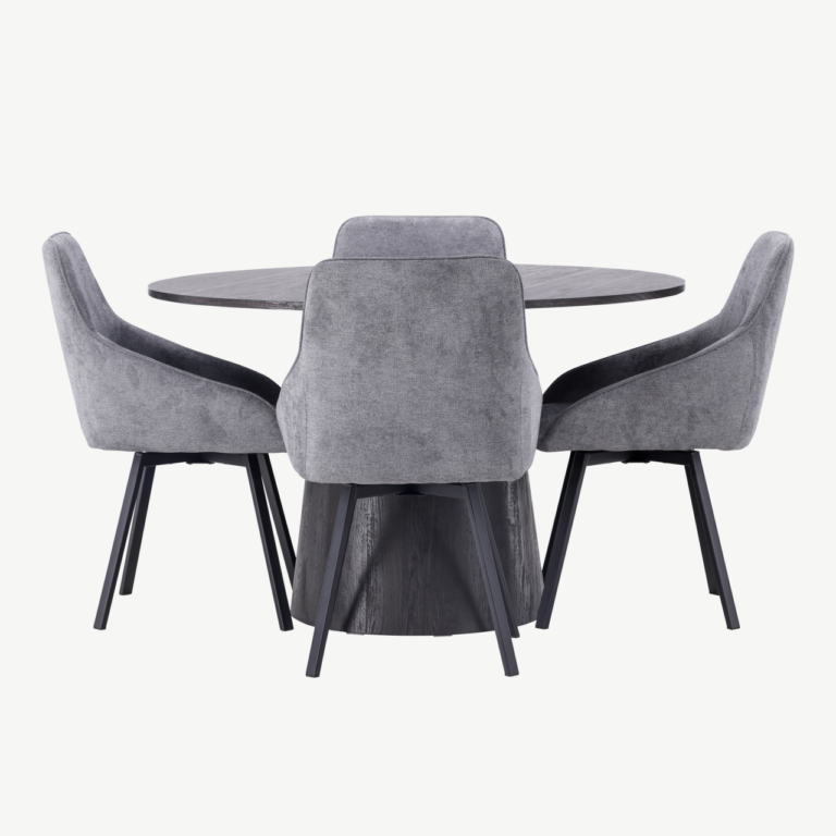 Ümmargune söögilaud Lanzo (MDF, mokka, ø120cm) koos halli kangaga Rosie toolidega - GR23476
