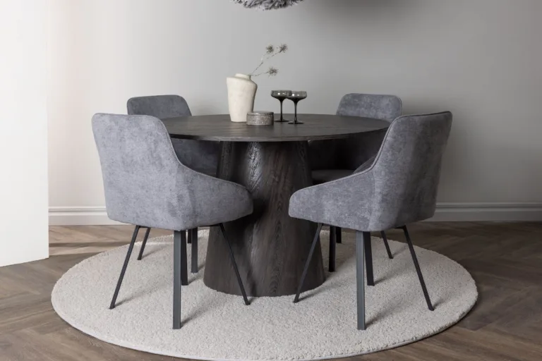 Ümmargune söögilaud Lanzo (MDF, mokka, ø120cm) koos halli kangaga Rosie toolidega - GR23476