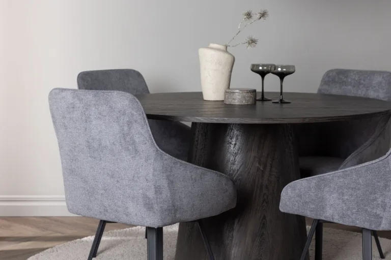 Ümmargune söögilaud Lanzo (MDF, mokka, ø120cm) koos halli kangaga Rosie toolidega - GR23476