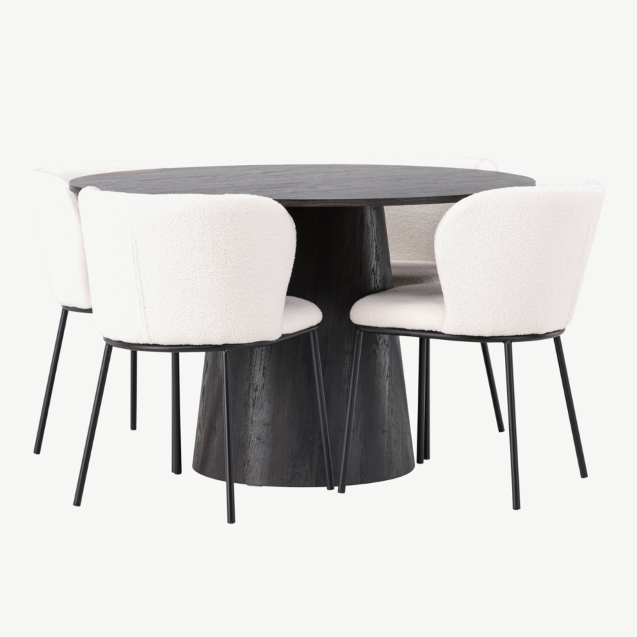 Ümmargune söögilaud Lanzo (MDF, mokka) koos valge buklee kangaga söögitoolidega Edina, GR23475 – 3