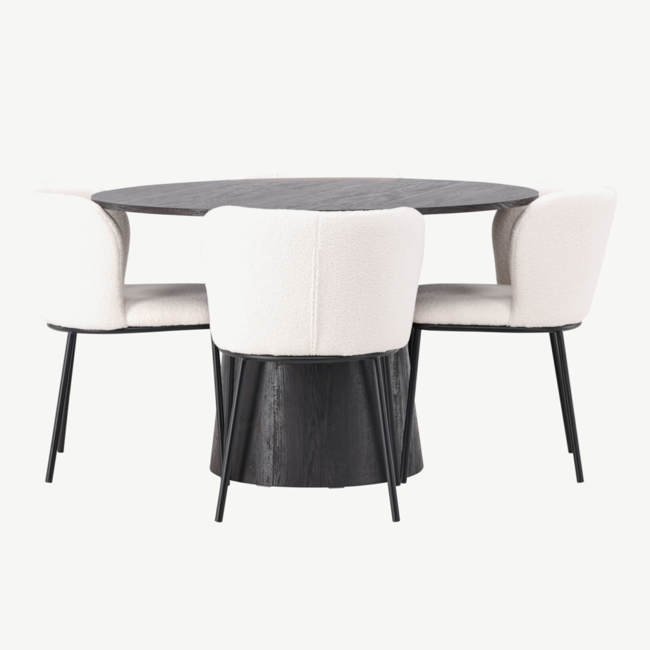 Ümmargune söögilaud Lanzo (MDF, mokka) koos valge buklee kangaga söögitoolidega Edina, GR23475 – 7