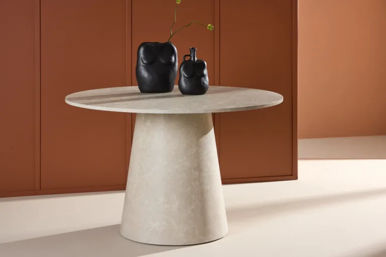 Ümmargune söögilaud Lanzo (beež marmori välimusega, ø120 cm, MDF) - 61927-102