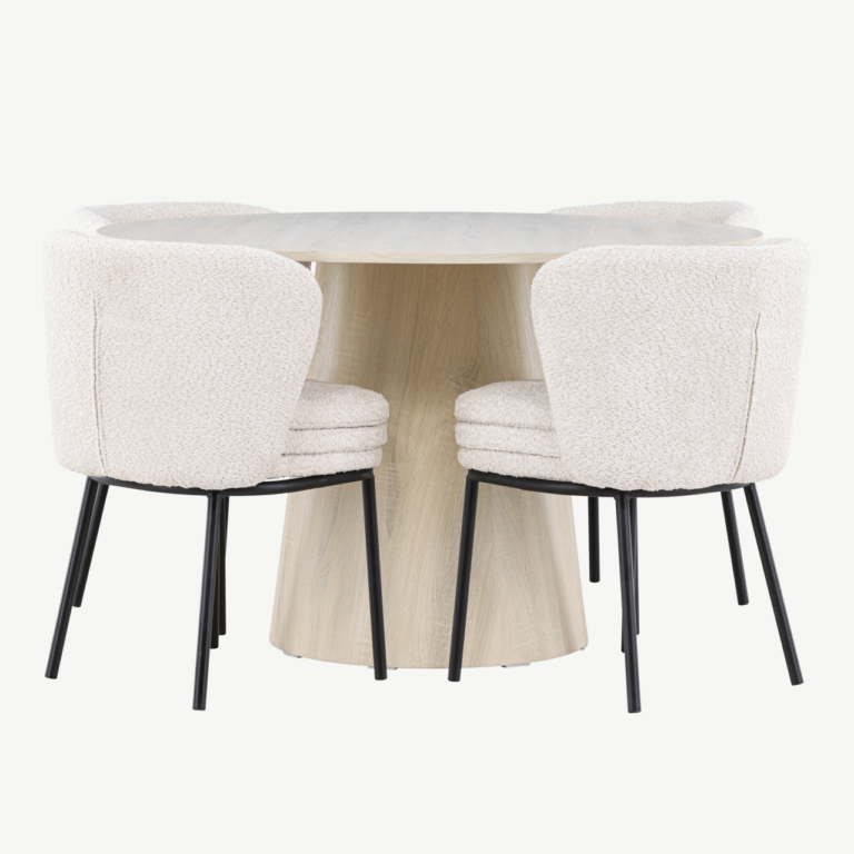 Ümmargune söögilaud Lanzo ja neli Agnes buklee tooli (valge peitsiga MDF, ø120 cm) - GR24428