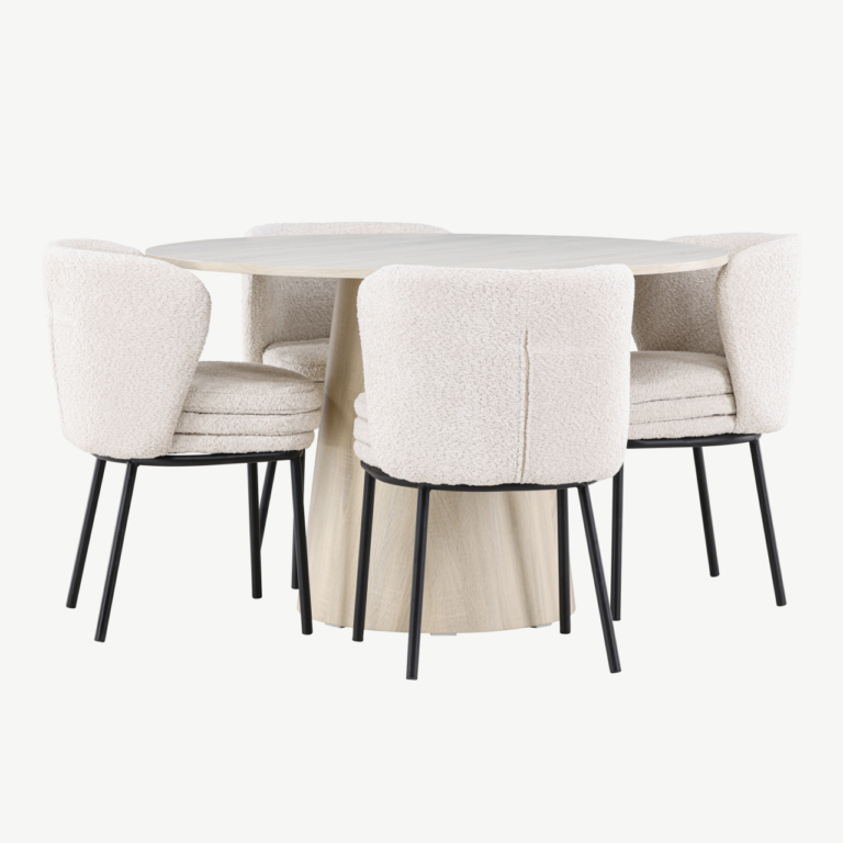 Ümmargune söögilaud Lanzo ja neli Agnes buklee tooli (valge peitsiga MDF, ø120 cm) - GR24428