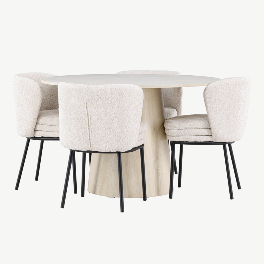 Ümmargune söögilaud Lanzo ja neli Agnes buklee tooli (valge peitsiga MDF, ø120 cm), GR24428 – 4