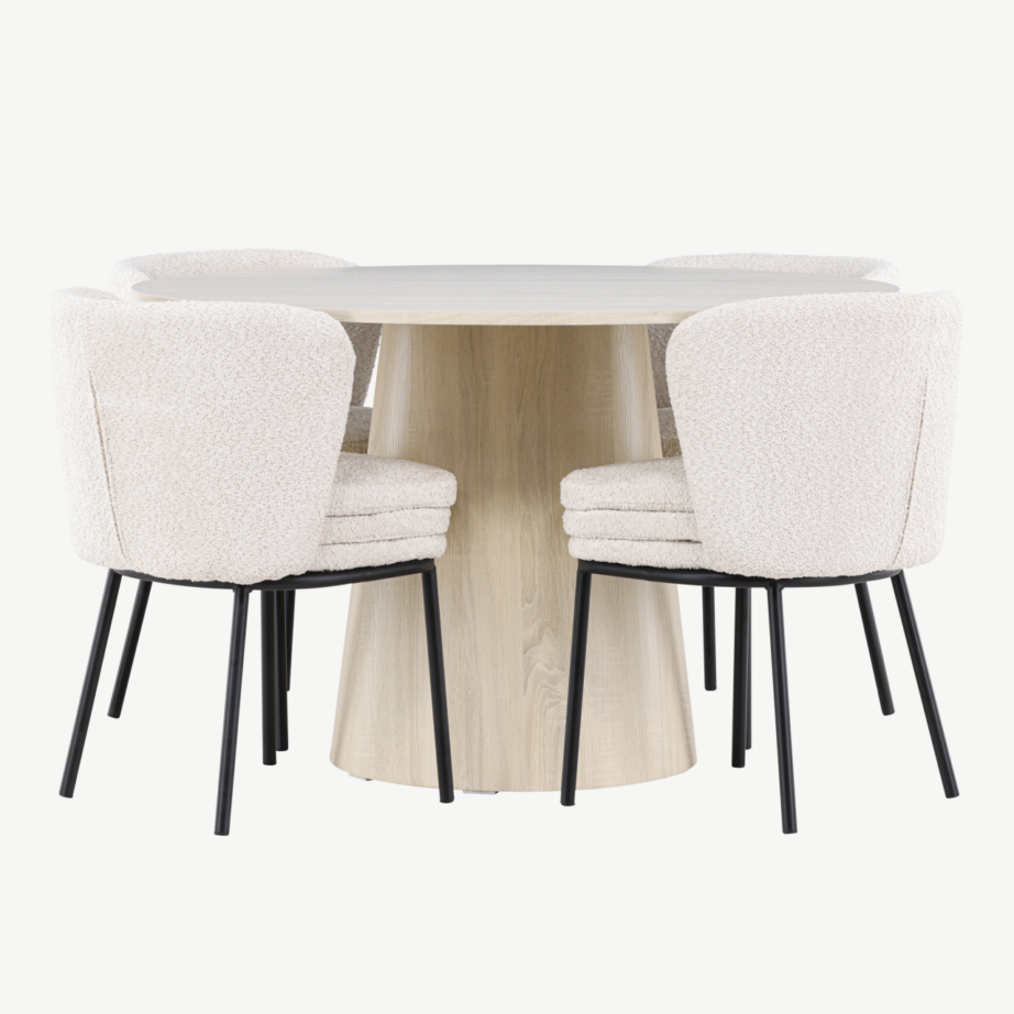 Ümmargune söögilaud Lanzo ja neli Agnes buklee tooli (valge peitsiga MDF, ø120 cm), GR24428 – 5