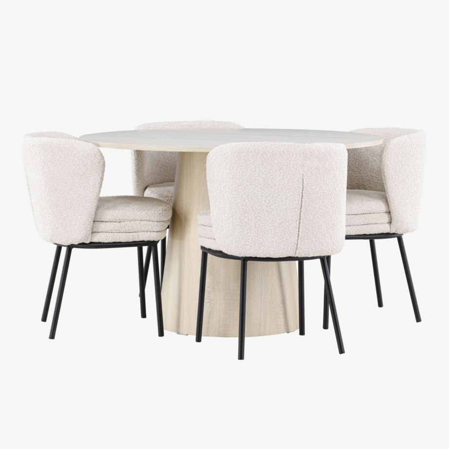 Ümmargune söögilaud Lanzo ja neli Agnes buklee tooli (valge peitsiga MDF, ø120 cm), GR24428