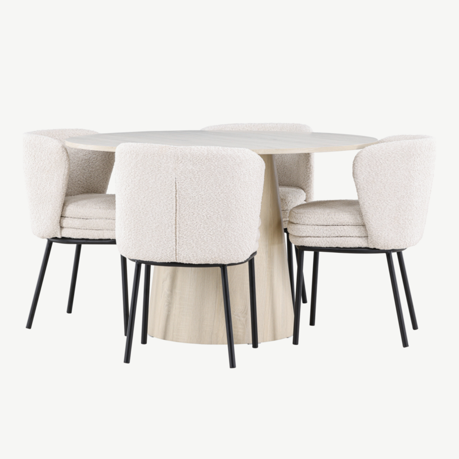 Ümmargune söögilaud Lanzo ja neli Agnes buklee tooli (valge peitsiga MDF, ø120 cm), GR24428 – 6