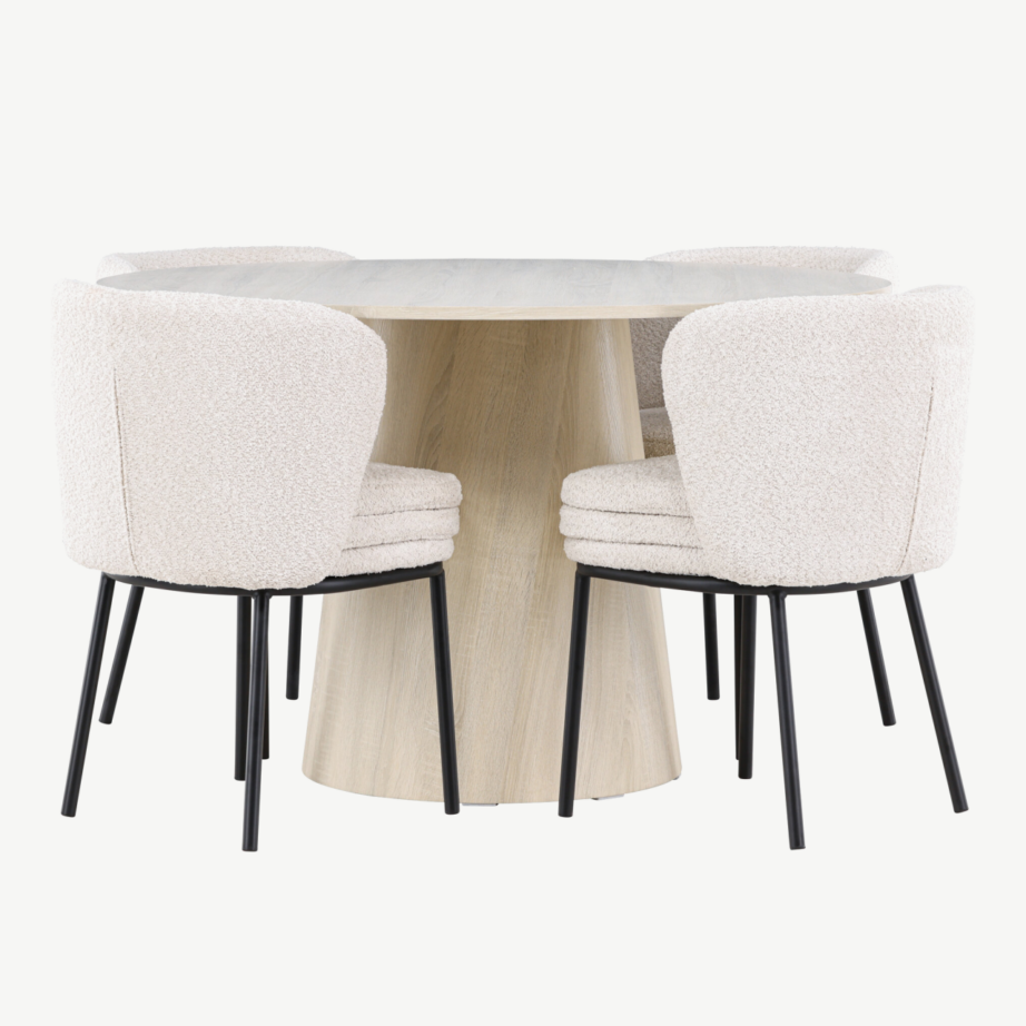 Ümmargune söögilaud Lanzo ja neli Agnes buklee tooli (valge peitsiga MDF, ø120 cm), GR24428 – 7