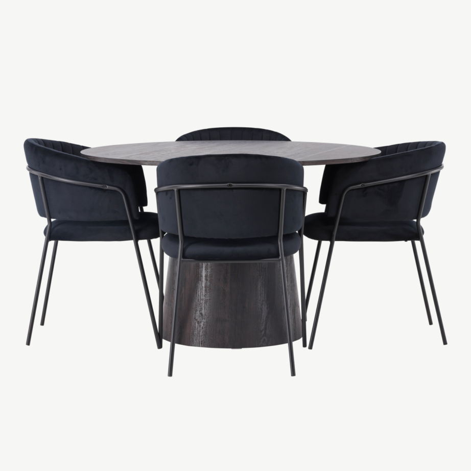 Ümmargune söögilaud Lanzo (mokkatoon, Ø120cm) ja mustad velvetkattega Selma toolid, GR23482 – 2