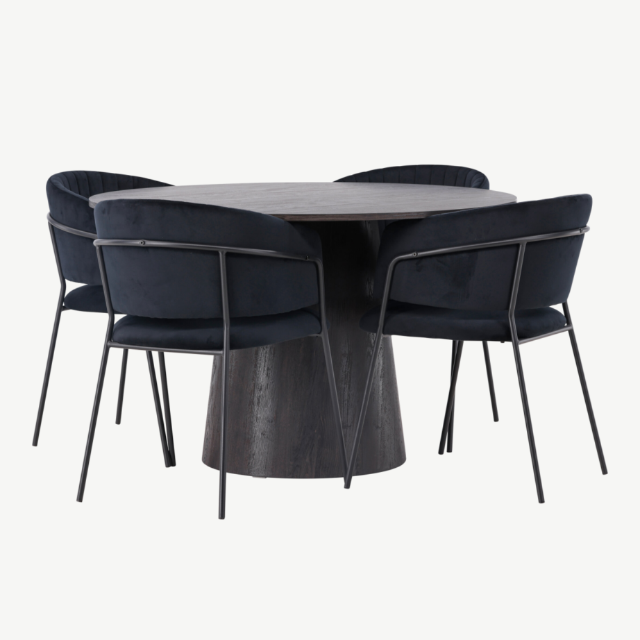 Ümmargune söögilaud Lanzo (mokkatoon, Ø120cm) ja mustad velvetkattega Selma toolid, GR23482 – 3