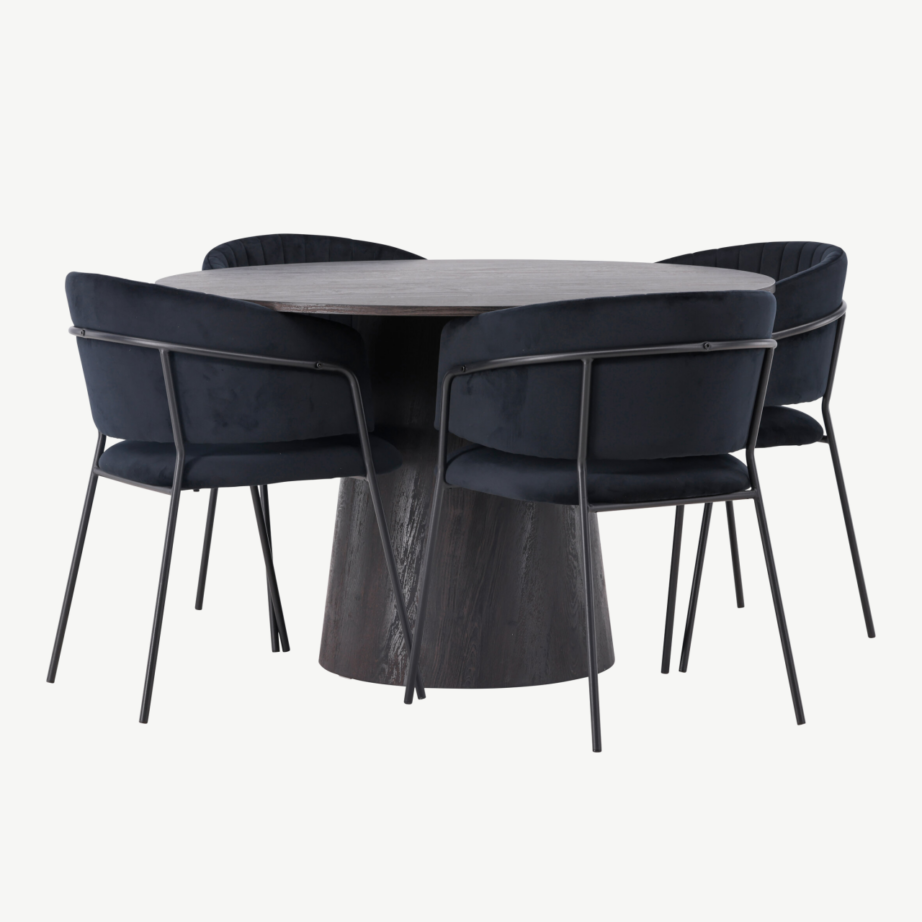 Ümmargune söögilaud Lanzo (mokkatoon, Ø120cm) ja mustad velvetkattega Selma toolid, GR23482 – 4