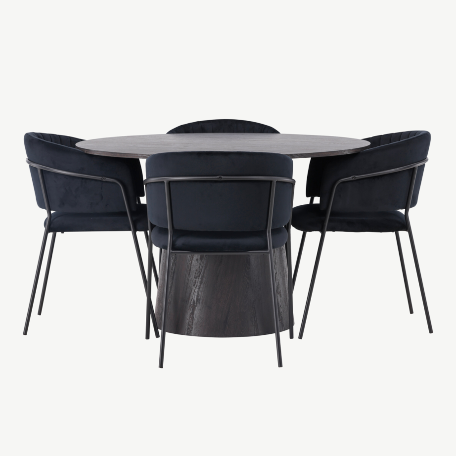 Ümmargune söögilaud Lanzo (mokkatoon, Ø120cm) ja mustad velvetkattega Selma toolid, GR23482 – 5