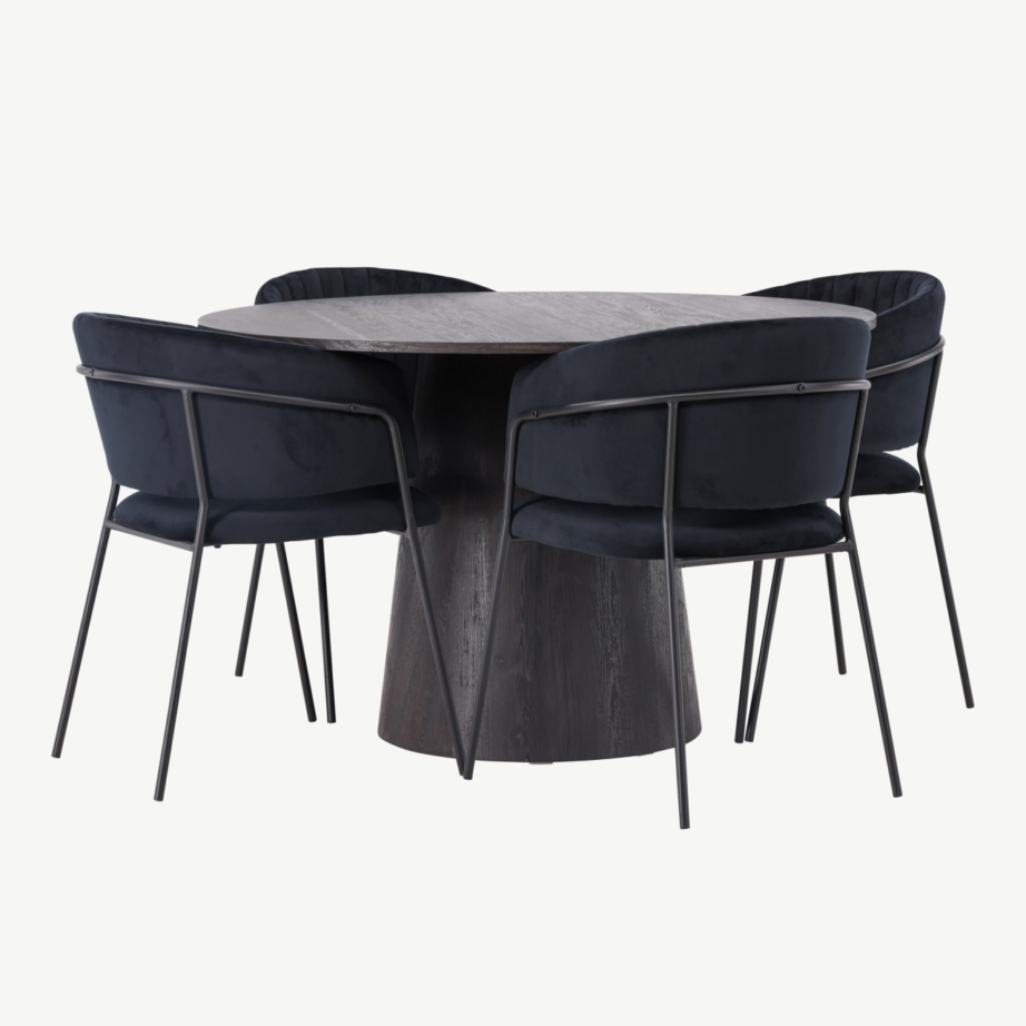 Ümmargune söögilaud Lanzo (mokkatoon, Ø120cm) ja mustad velvetkattega Selma toolid, GR23482 – 6