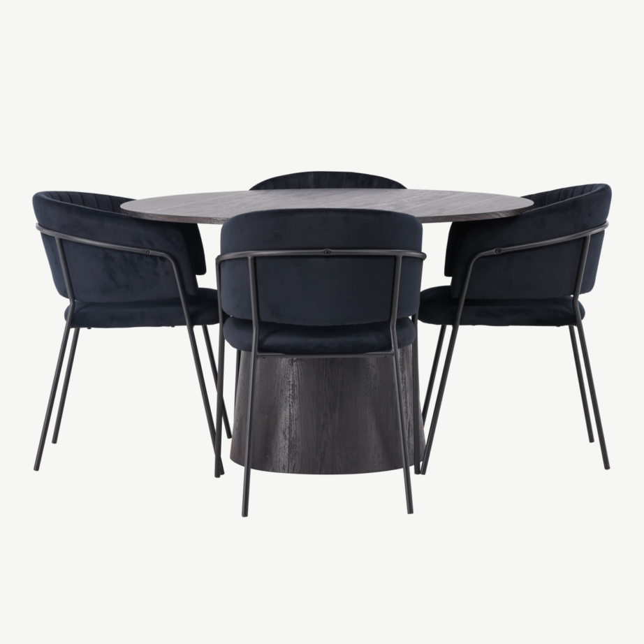 Ümmargune söögilaud Lanzo (mokkatoon, Ø120cm) ja mustad velvetkattega Selma toolid, GR23482 – 7