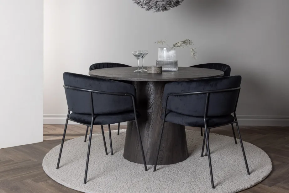 Ümmargune söögilaud Lanzo (mokkatoon, Ø120cm) ja mustad velvetkattega Selma toolid, GR23482 – 8