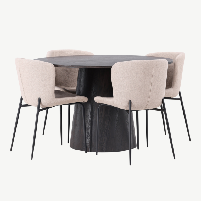 Ümmargune söögilaud Lanzo (mokkatoon, MDF, ø120cm) ja Modesto bukleetoolid (beež, metalljalad) - GR23483