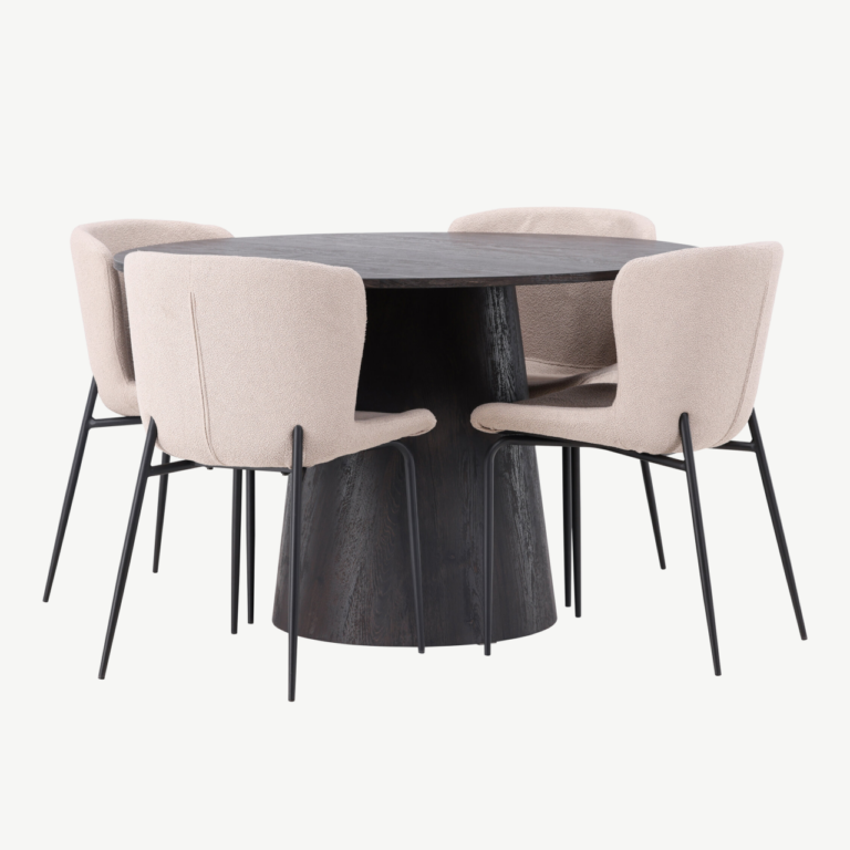 Ümmargune söögilaud Lanzo (mokkatoon, MDF, ø120cm) ja Modesto bukleetoolid (beež, metalljalad) - GR23483