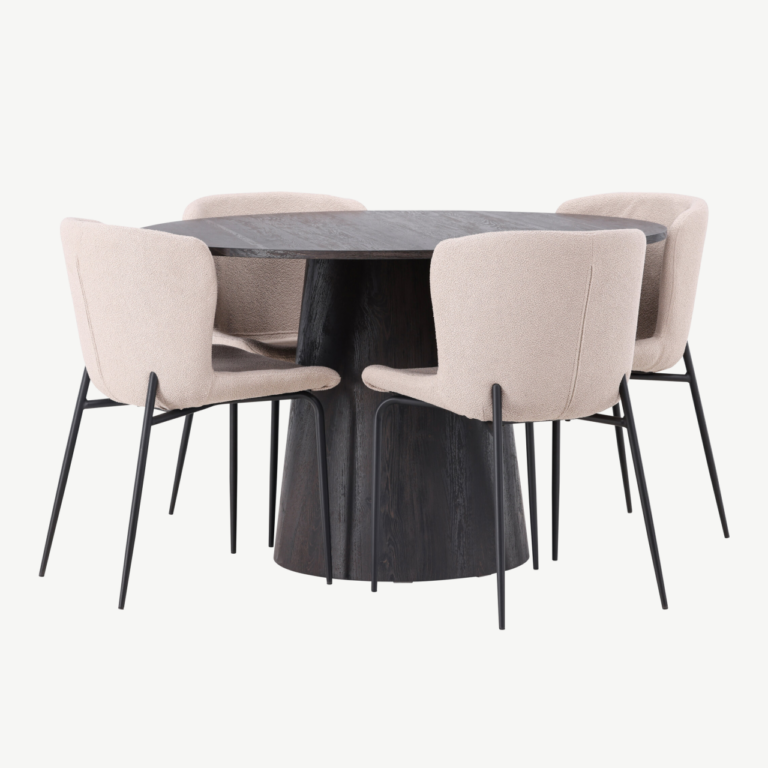 Ümmargune söögilaud Lanzo (mokkatoon, MDF, ø120cm) ja Modesto bukleetoolid (beež, metalljalad) - GR23483