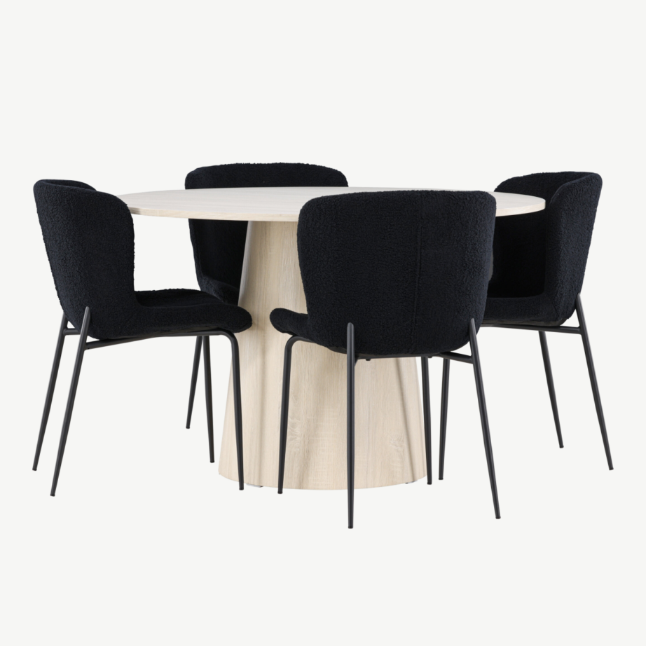 Ümmargune söögilaud Lanzo valge peitsiga + 4 musta Modesto tooli, GR24427