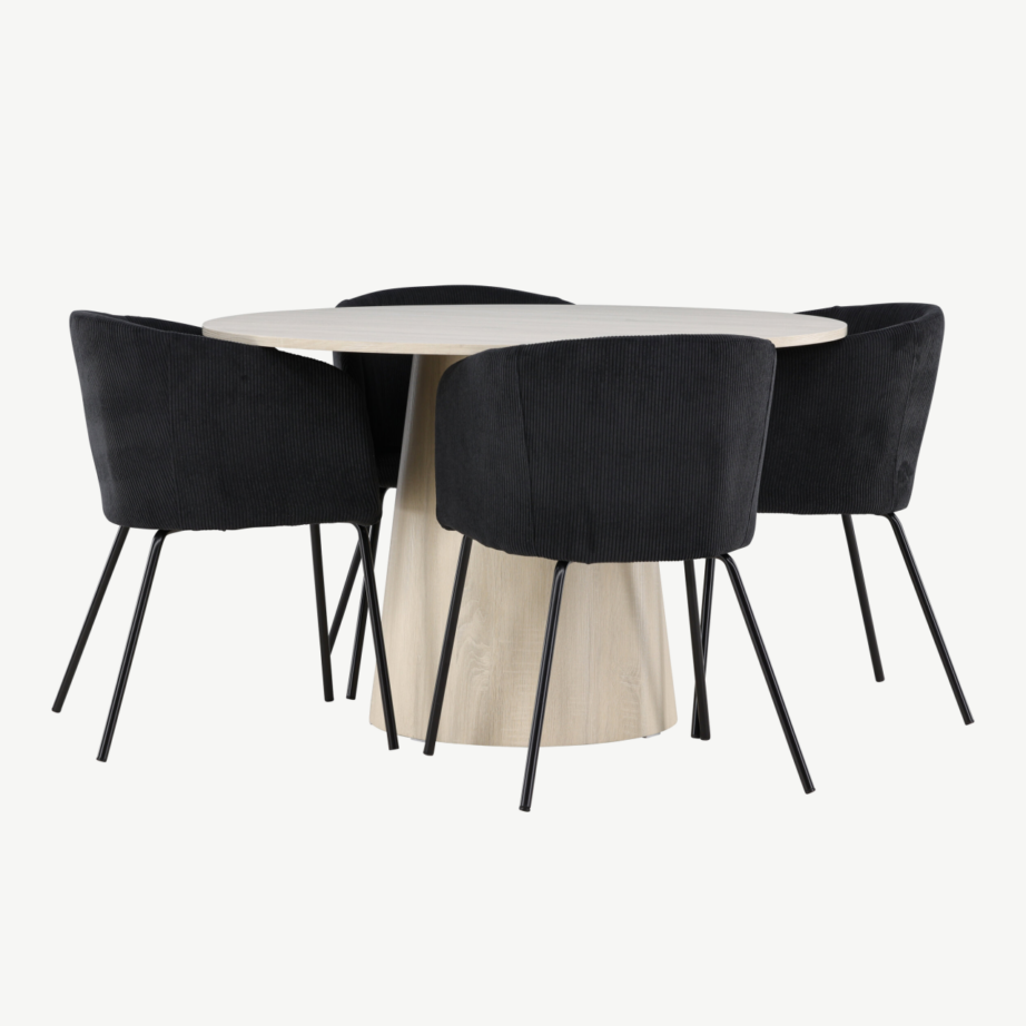 Ümmargune söögilaud Lanzo valge peitsiga ja 4 musta bukleekangaga tooli Berit, GR24426