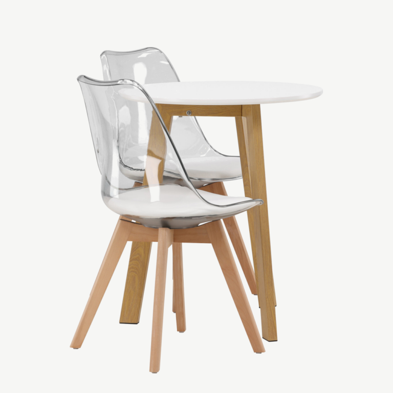 Ümmargune söögilaud Leonora koos läbipaistva Edvin tooliga (valge MDF, tammepuidutoon, ø65cm) - GR23504