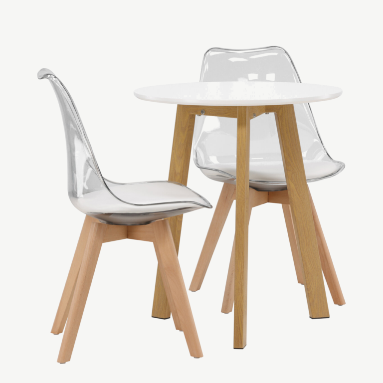 Ümmargune söögilaud Leonora koos läbipaistva Edvin tooliga (valge MDF, tammepuidutoon, ø65cm) - GR23504