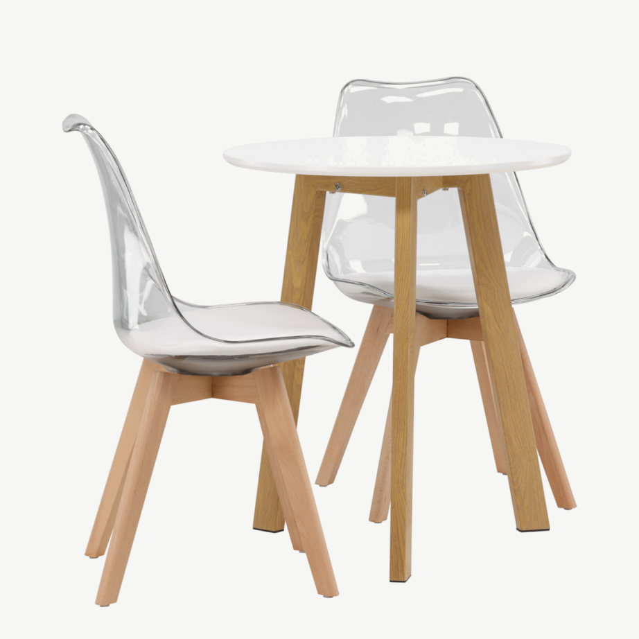 Ümmargune söögilaud Leonora koos läbipaistva Edvin tooliga (valge MDF, tammepuidutoon, ø65cm), GR23504 – 3