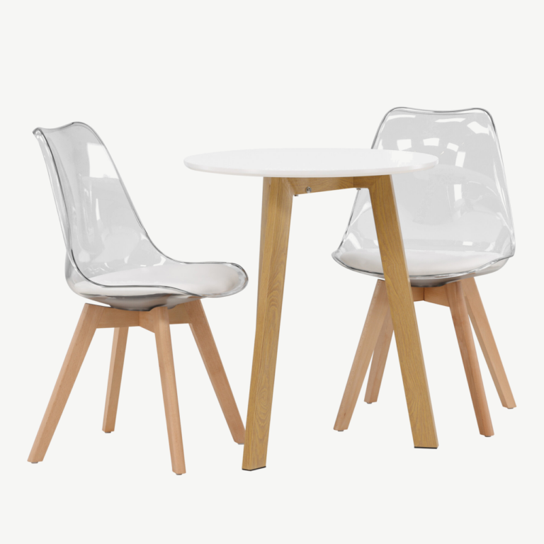 Ümmargune söögilaud Leonora koos läbipaistva Edvin tooliga (valge MDF, tammepuidutoon, ø65cm) - GR23504
