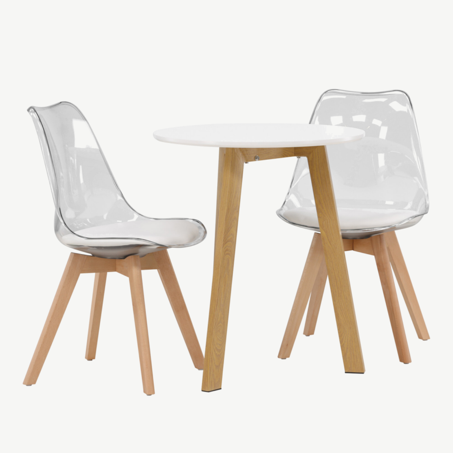 Ümmargune söögilaud Leonora koos läbipaistva Edvin tooliga (valge MDF, tammepuidutoon, ø65cm), GR23504 – 4