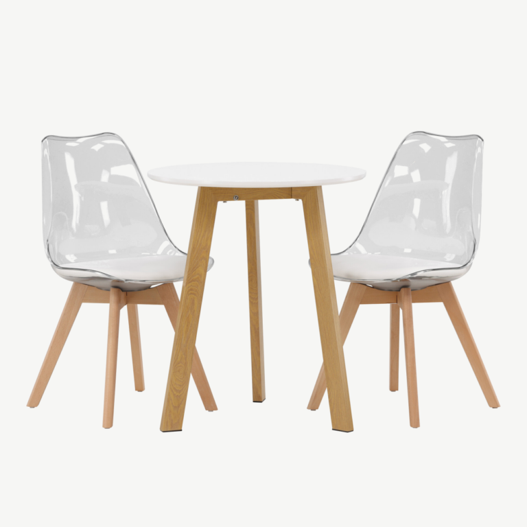 Ümmargune söögilaud Leonora koos läbipaistva Edvin tooliga (valge MDF, tammepuidutoon, ø65cm) - GR23504