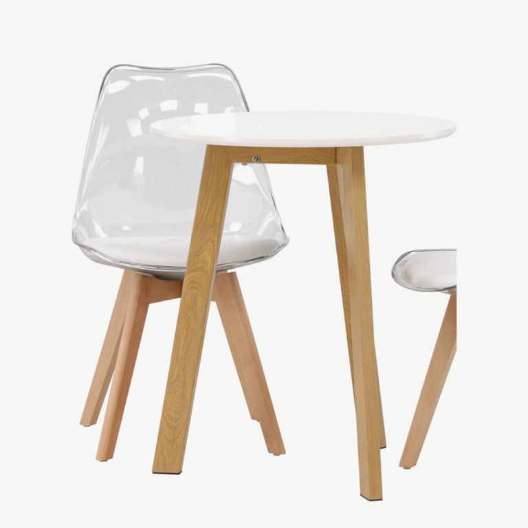 Ümmargune söögilaud Leonora koos läbipaistva Edvin tooliga (valge MDF, tammepuidutoon, ø65cm) - GR23504