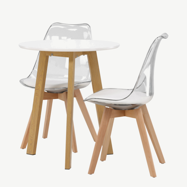 Ümmargune söögilaud Leonora koos läbipaistva Edvin tooliga (valge MDF, tammepuidutoon, ø65cm) - GR23504