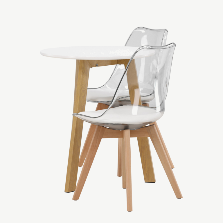 Ümmargune söögilaud Leonora koos läbipaistva Edvin tooliga (valge MDF, tammepuidutoon, ø65cm) - GR23504