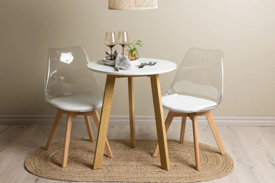 Ümmargune söögilaud Leonora koos läbipaistva Edvin tooliga (valge MDF, tammepuidutoon, ø65cm), GR23504 – 8