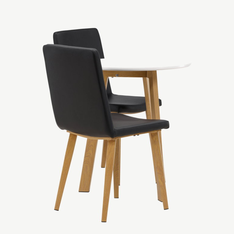 Ümmargune söögilaud Leonora (valge MDF, Ø65cm) ja mustad Today toolid - GR23505