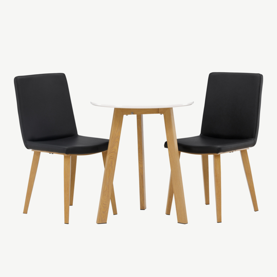 Ümmargune söögilaud Leonora (valge MDF, Ø65cm) ja mustad Today toolid, GR23505 – 5