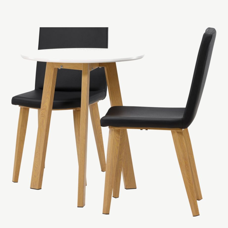 Ümmargune söögilaud Leonora (valge MDF, Ø65cm) ja mustad Today toolid, GR23505 – 6